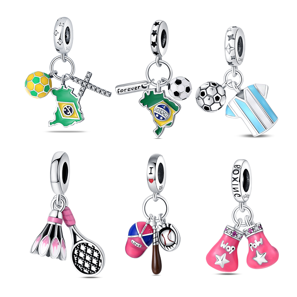 Badminton Date - メッキ925シルバー製スポーツバドミントンチャーム、オリジナル925チャームブレスレットビーズジュエリーに適合、女性へのギフト