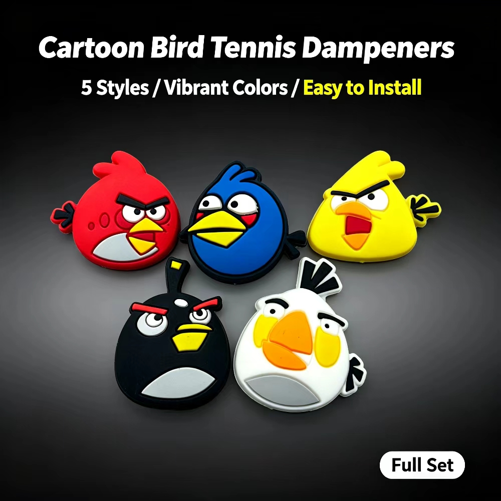 Badminton Anime - 5個入り漫画鳥型テニス振動減衰器 ソフトシリコン製 テニスラケット衝撃吸収材 振動を軽減 静かな打撃 テニス